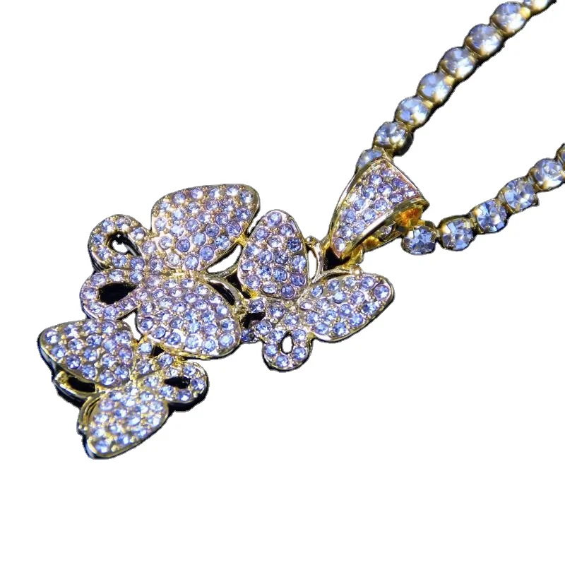 

2021Best Selling Bling Rhinestone Butterfly Pendant Necklace Tennis Chain Shiny Crystal Butterfly gold plated empress necklace, Gold color