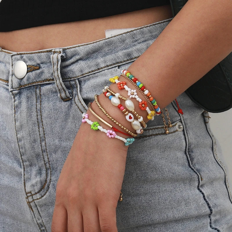 

Bohemian style colorful stackable beaded bracelets flower shaped miyuki bracelet set, Picture