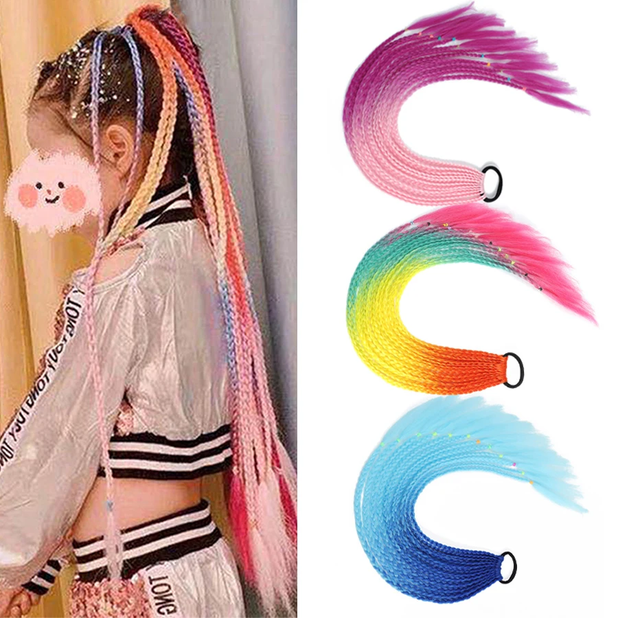 

60cm 24inch Hair Color Gradient Dirty Braided Ponytail Women Girls Kids Elastic Hair Band Rubber Band Ponytail Hair Extension