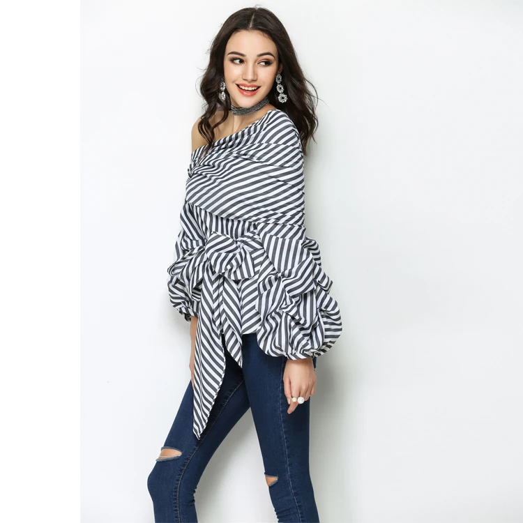 

Blouse ladies contrast trim one shoulder ruffle long sleeve blouse for women