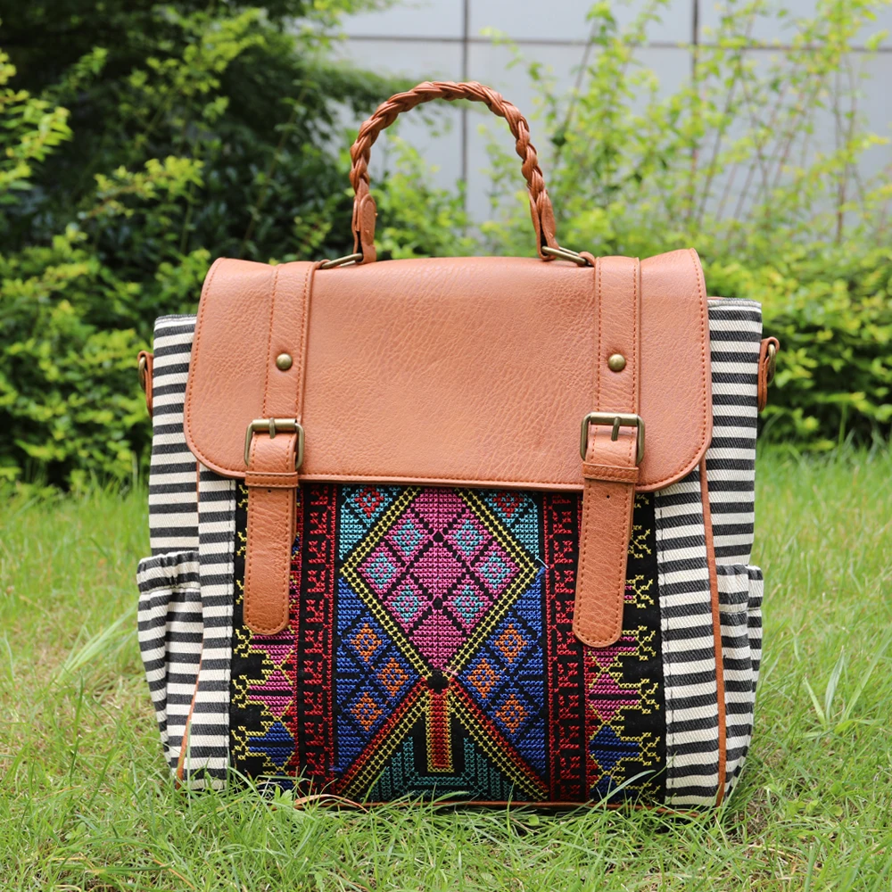 

Drop Shipping Aztec And Stripe Canvas Flap Over Convert Shoulder Bag Women Embroidery Convertible Backpack Purse for Lady, As pics
