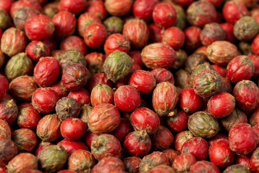 Close-up photograph of red and green Szechuan peppercorns showing their distinctive husk structure and color variation