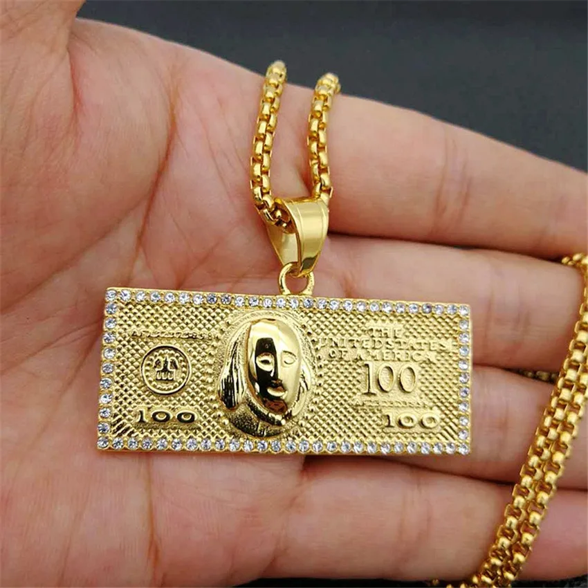 

Hip Hop Iced Out Rhinestones $100 Dollar Money Coin Necklaces Pendants Male Gold Color Stainless Steel Chains, Gold stud