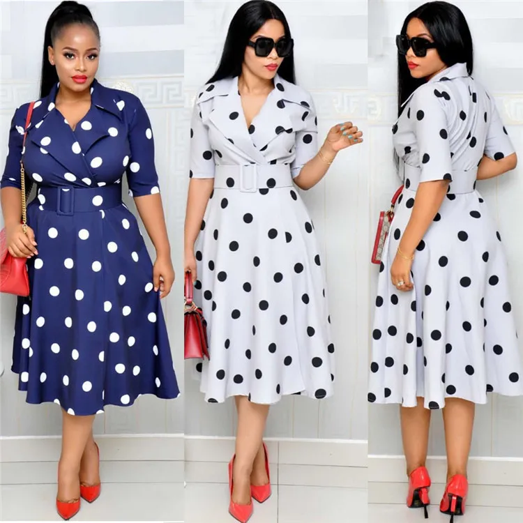

YQ919 free shipping Wholesale Plus Size African High Quality Polka Dot A Line Pleated Midi women Dress, As shown
