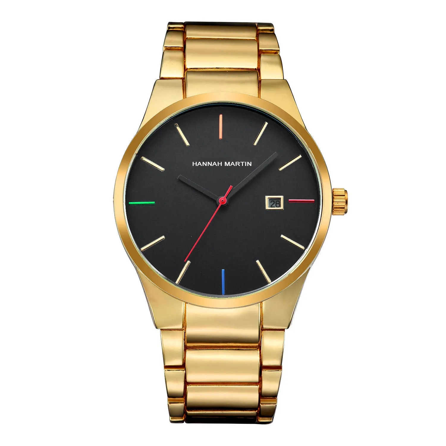 

Hot Sell New Style Business Casual Waterproof Gold Custom Logo Mens Big Dial Colorful Hand Watches Give Away Watch Packaging Box, 5 colors