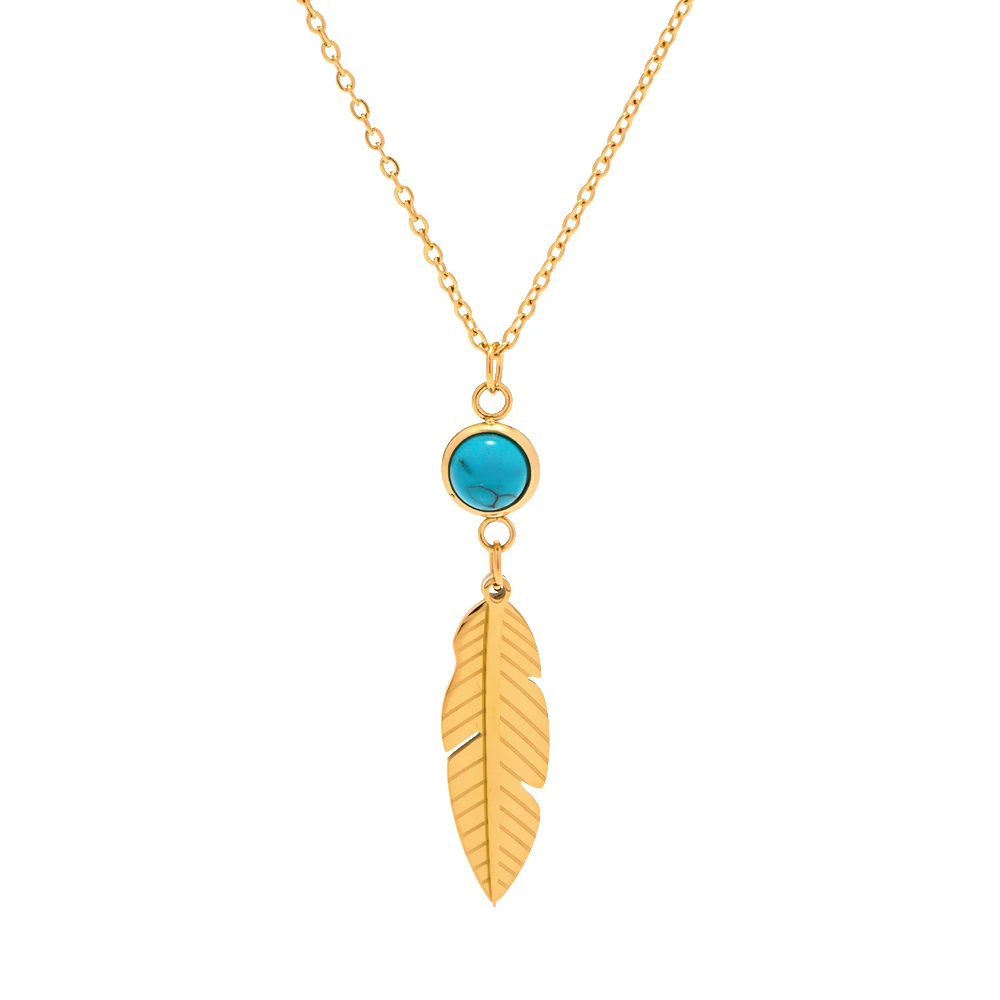 

New Arrival 18K Gold Plated Embellished Round Turquoise Stone Feather Pendant Necklace
