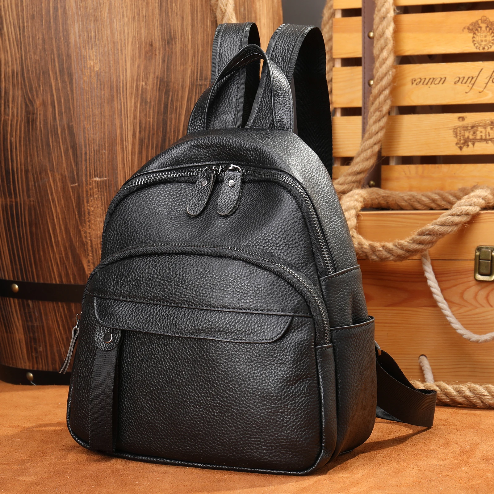 

Westal women casual sports backpacks leather laptop backpack ladies genuine leather bag travel backpack for girls, Black