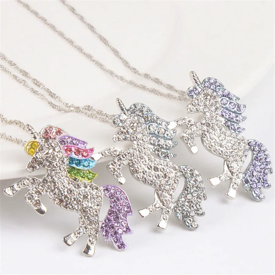 

Hot sale 3 Colors resin unicorn charm kids unicorn necklace Diamond pendant jewelry