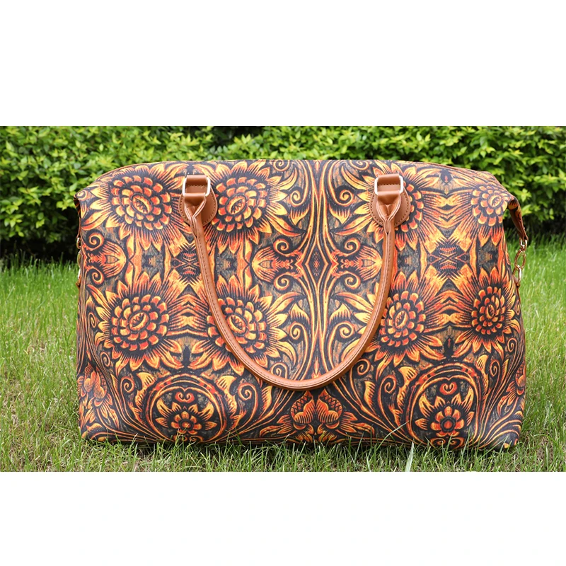 

Vintage Western Sunflower Women Leopard Patchwork Running Horse Duffel Bags Cowhide Weekender Bag Wholesale Overnight Totes, As picture