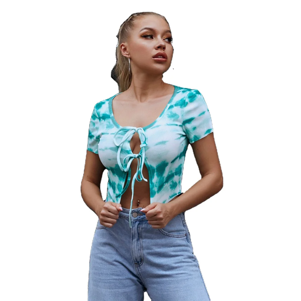 

Tie Front Short Sleeve Tie Dye Crop Top Women, Green/white