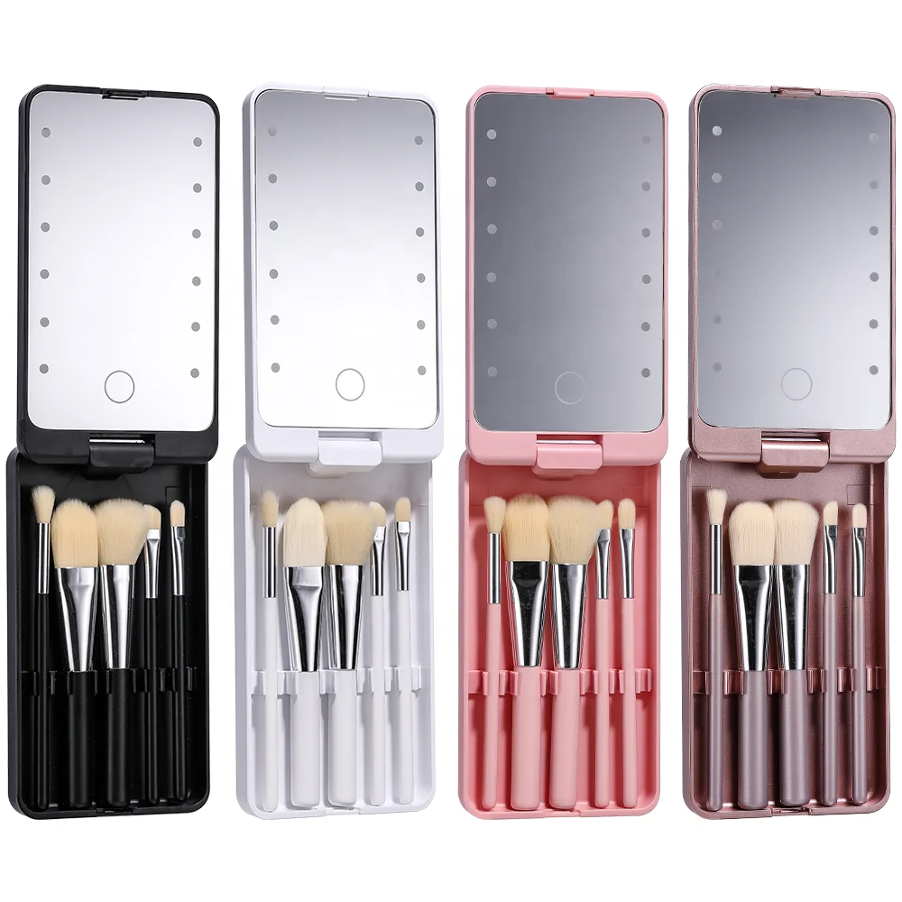 

2021 New Makeup Brush Set With Mirror Case Custom Logo Portable Makeup Brushes with LED Makeup Mirror, Picture or customized color