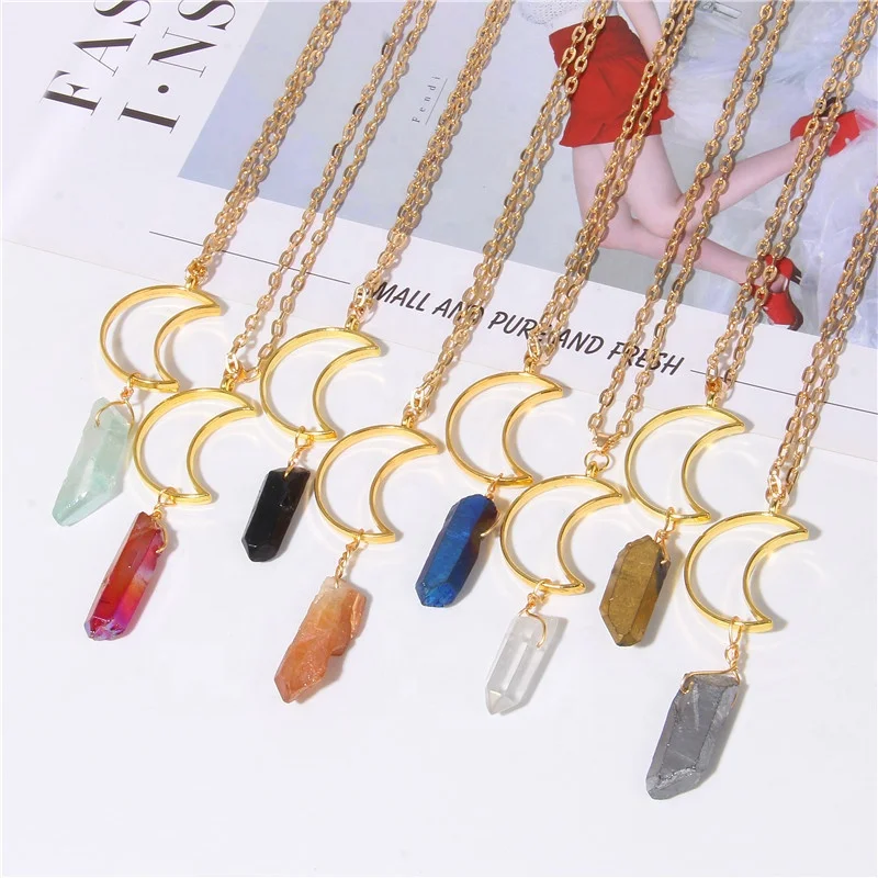 

Handmade Healing Crystal Quartz Stone Point Charm Gold Crescent Moon Necklace Jewelry For Women, Silver