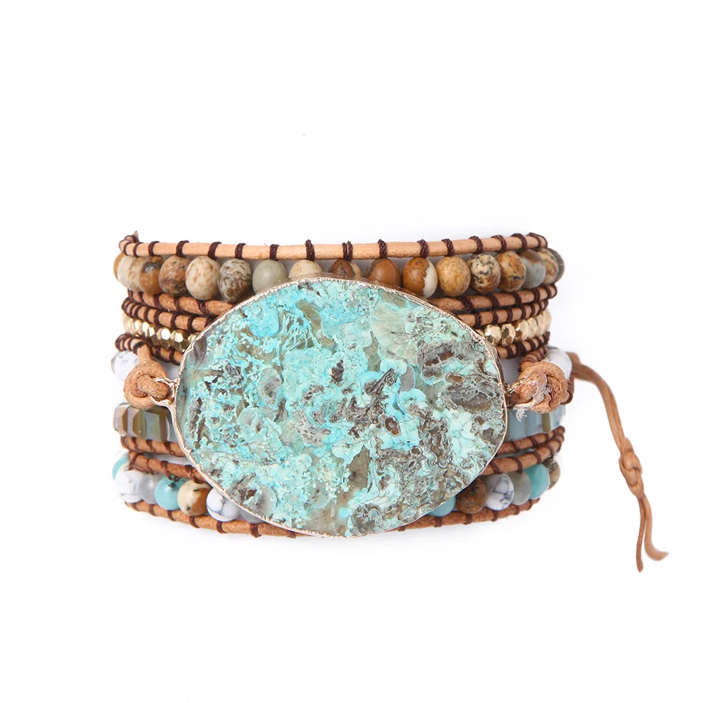 

Fashion 5 Leather Wrap Bracelet,Handmade Natural Stone & glass beads bracelet,Bohemian Ocean Jasper bracelet