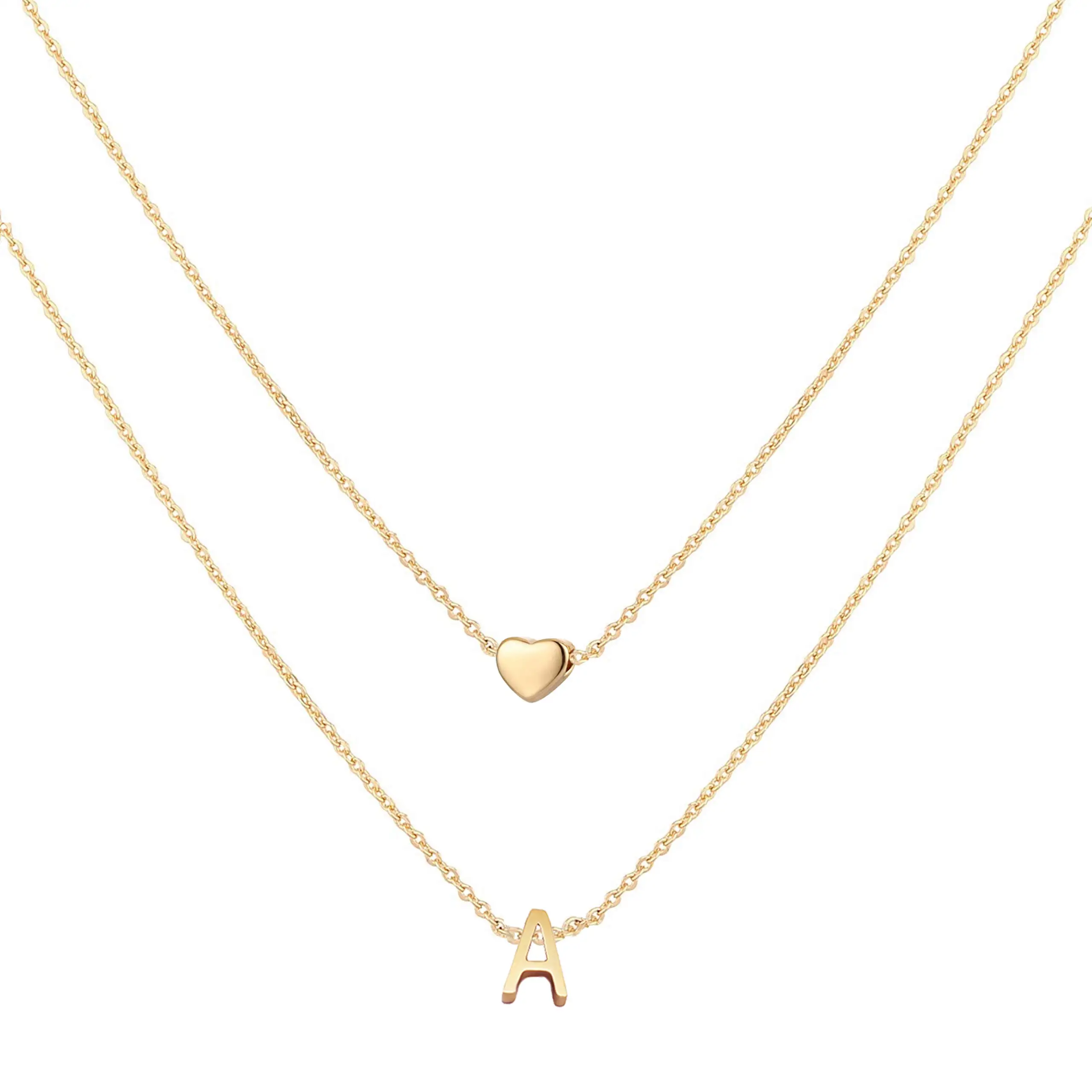 

2024 Layered Chain Heart Initial Necklace 18K Gold Stainless Steel Personalised Letter Monogram Name Pendant Necklace for Women