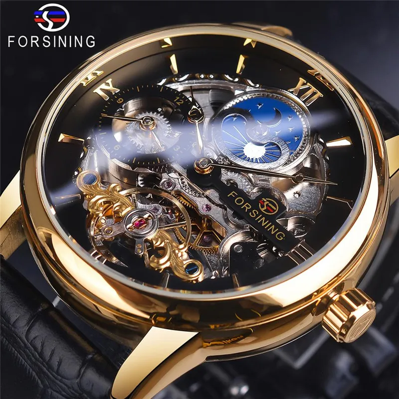 Forsining Men Skeleton Dial Dual Time Zone Mechanical Watch Gold Leather Band Moon Phase Tourbillon Waterproof Automatic Watch, 2-colors