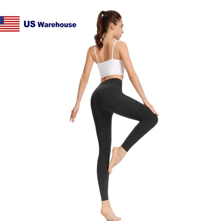 

Nylon Spandex USA STOCK Women Yoga Sports Legging Solid High Waisted Full Length Pants for Workout Running with 4 Pockets