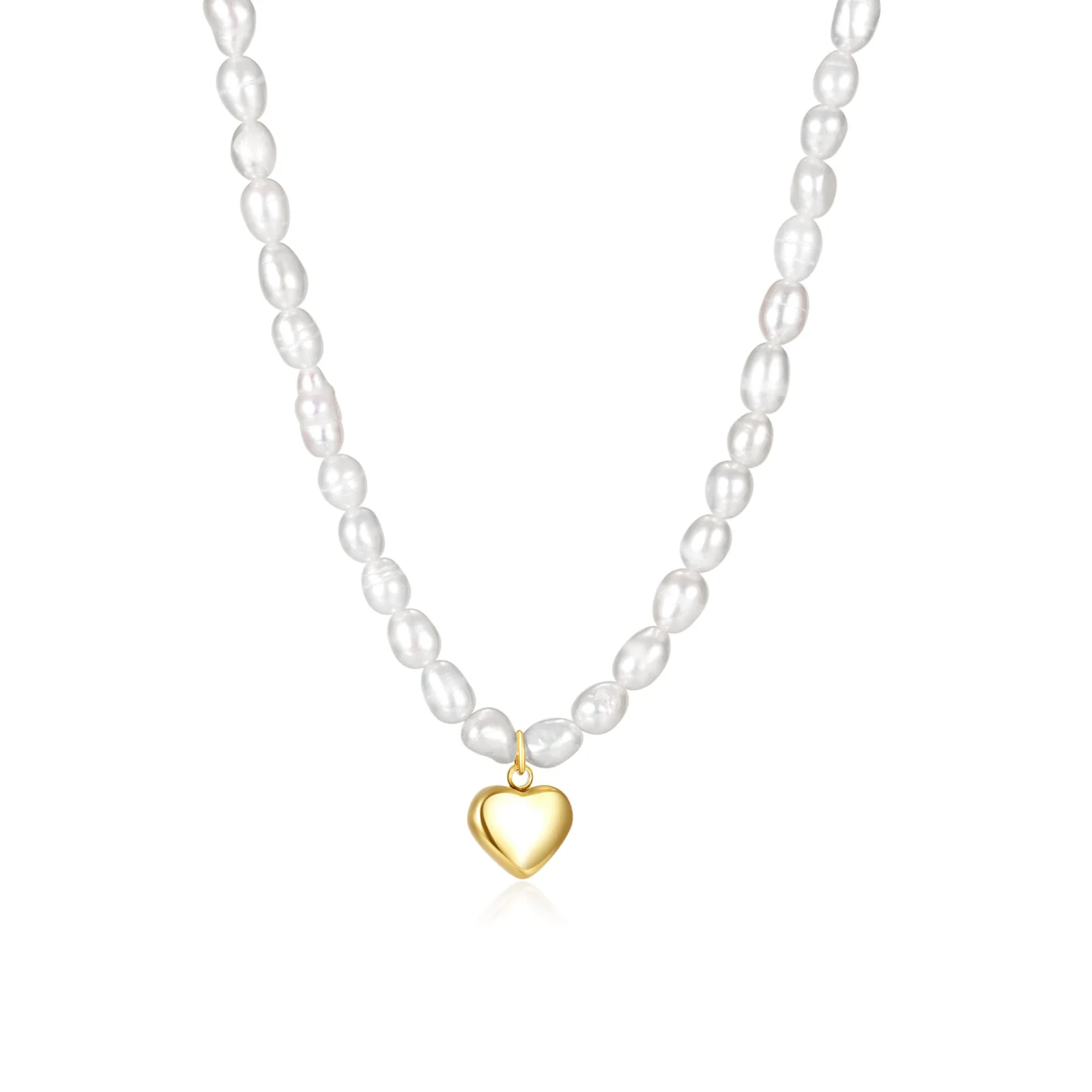 INS Stainless Steel Gold Plated Freshwater Pearl Chain 3D Heart Pendant Necklace Titanium Steel Solid Heart Pearl Chain Necklace