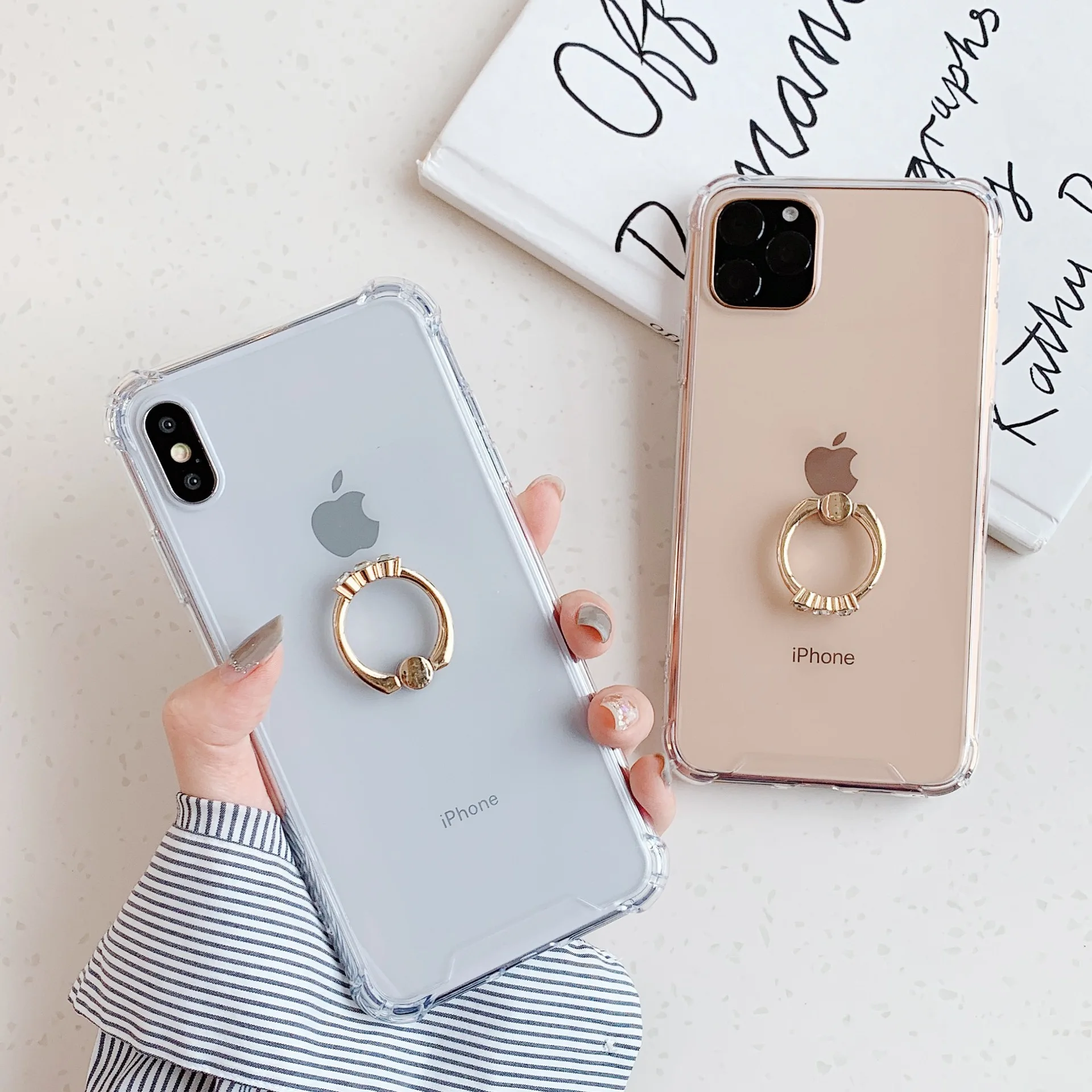 

Luxury Transparent For iPhone 11 Case 12 Mini Pro Max XR X XS Max 8 7 Plus Case Gold Finger Ring Clear Back Cover Fundas Coque