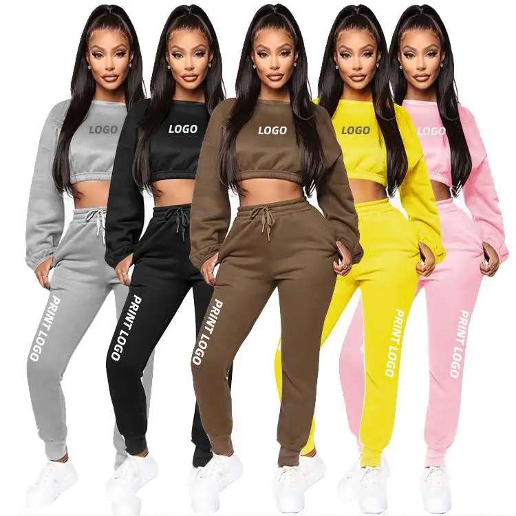 

Custom Logo Women Autumn Long Sleeve Crew Neck Crop Top And Causal Trousers Set Fashion Latest Design Tracksuit, As show