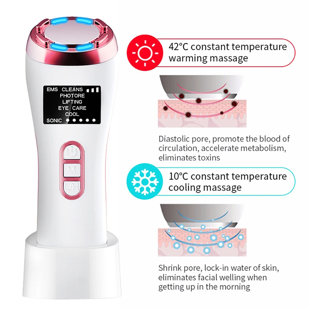 Hot Cool Compress Sonic Vibration Wrinkle Removal Face Massager Anti Aging LED Photon Skin Rejuvenation Facial Beauty Device