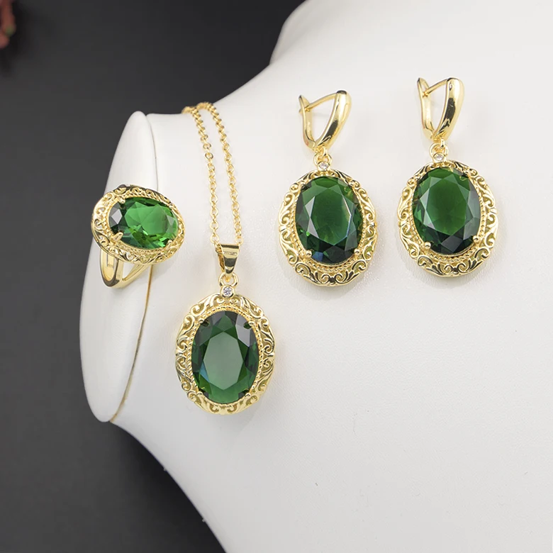 

African Jewelries High Quality Big Crystal Bridal Party Green Earring Ring Jewelry Wedding Necklace Set, Picture shows