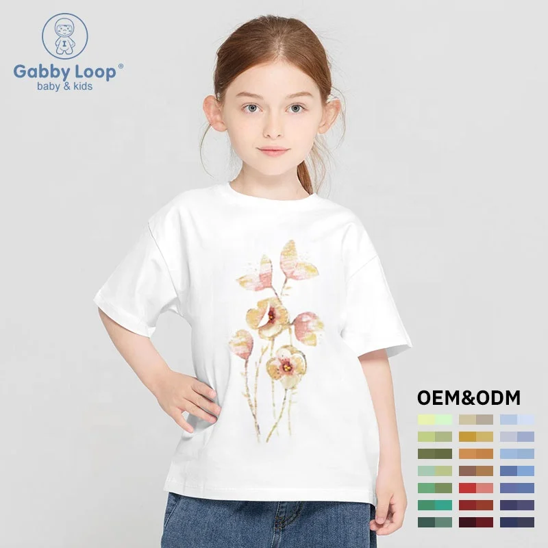 

Gabby Loop Kids Summer Round Neck Short Sleeve Girls T-Shirt For Children Floral Appliqued Plain White T-shirt Kids