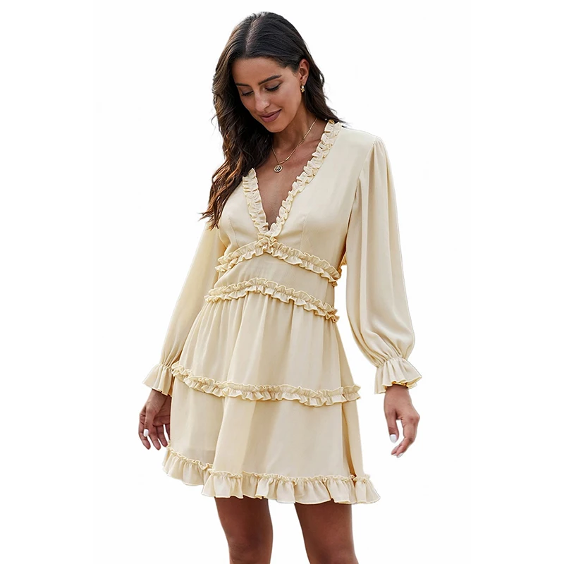 

Womens Casual Ruffle Detailing V-Neck Sexy Open Back Dress