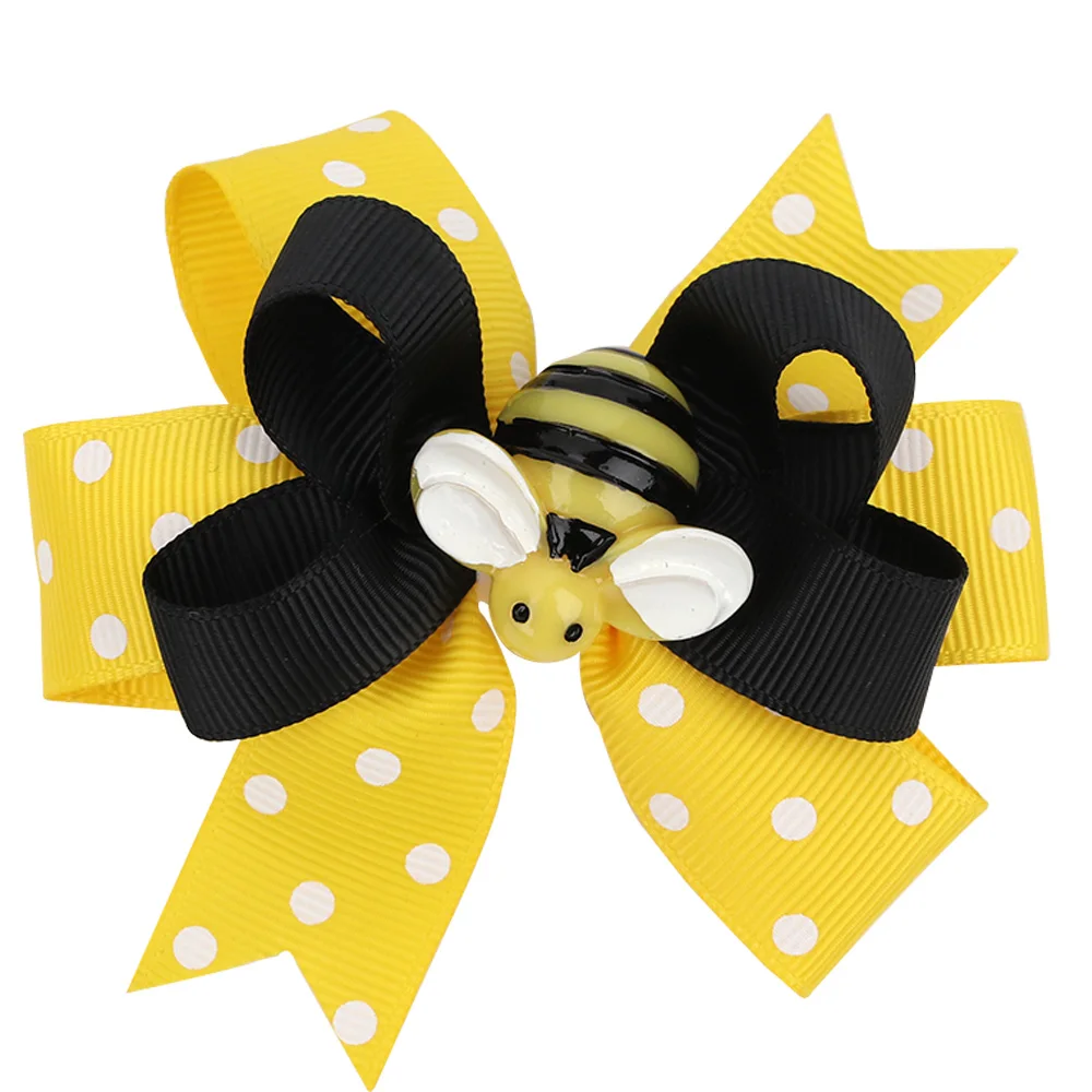 

3 Inch Yellow Polka Dot Ribbon Hair Bow Hair Clip Cute Cartoon Animal Bee Hair Clips For Girls