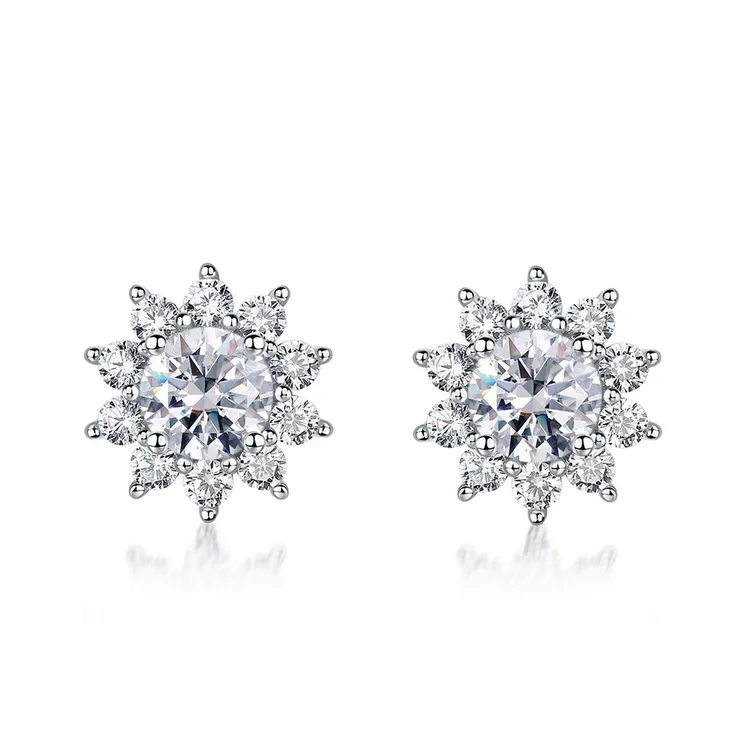 S925 Sterling Silver D Color VVS1 Moissanite Sunflower Halo Stud Earrings for Women