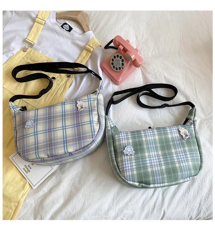 

High Quality Fashion Custom Pretty Checkered Pattern Vintage Crossbody Bag Student Cross Shoulder Bag, Purple, green