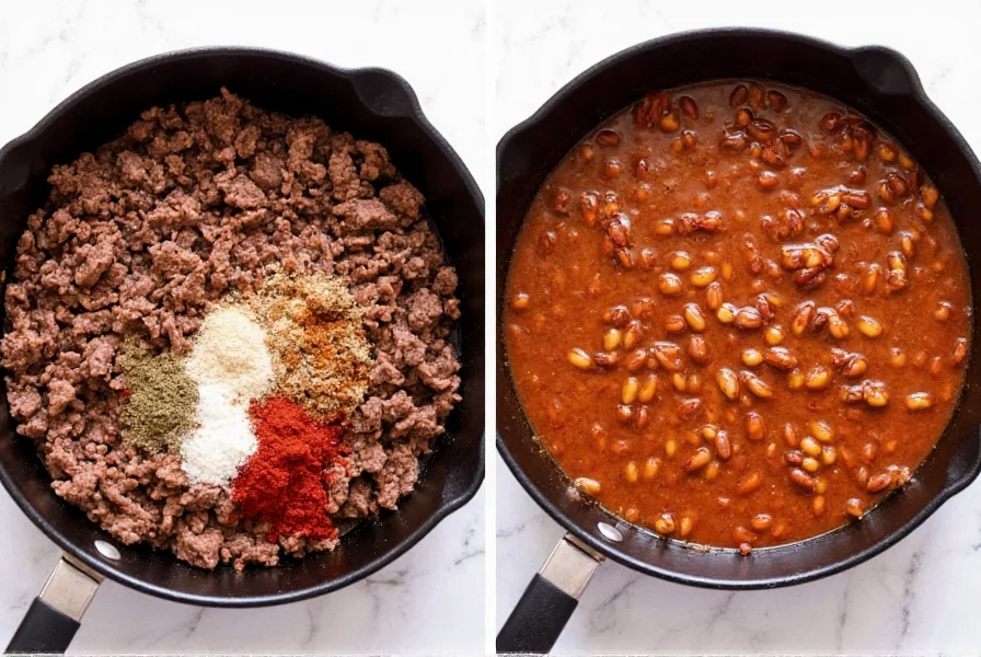 Step-by-step preparation of beef chili with beans showing browning ground beef in cast iron pot with kidney beans and spices