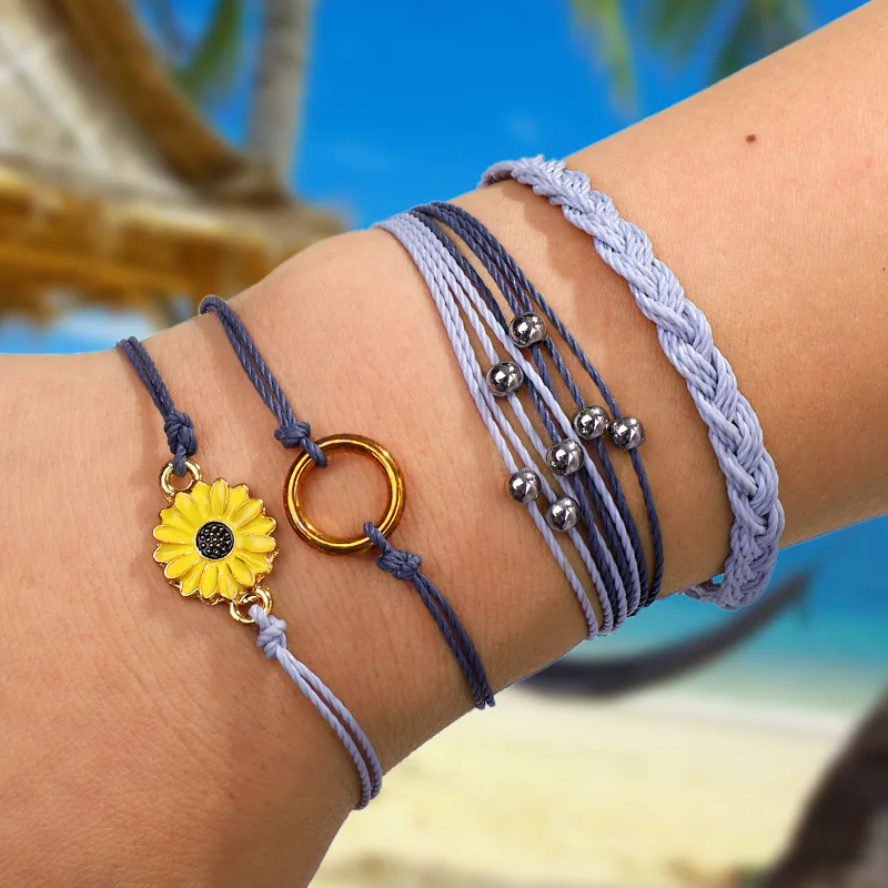 

Summer Beach Boho Jewelry Handmade Waterproof Small Daisy Rope Woven Friendship Sunflower Wax Coated Cotton Bracelet Set