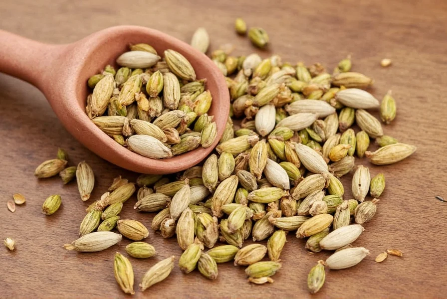 Homemade cardamom substitute blend in glass jar with measuring spoons showing proper ratios