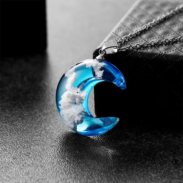 

Cute half moon shape resin charms jewelry crescent blue clear sky white cloud silver resin pendant necklace glow in the dark