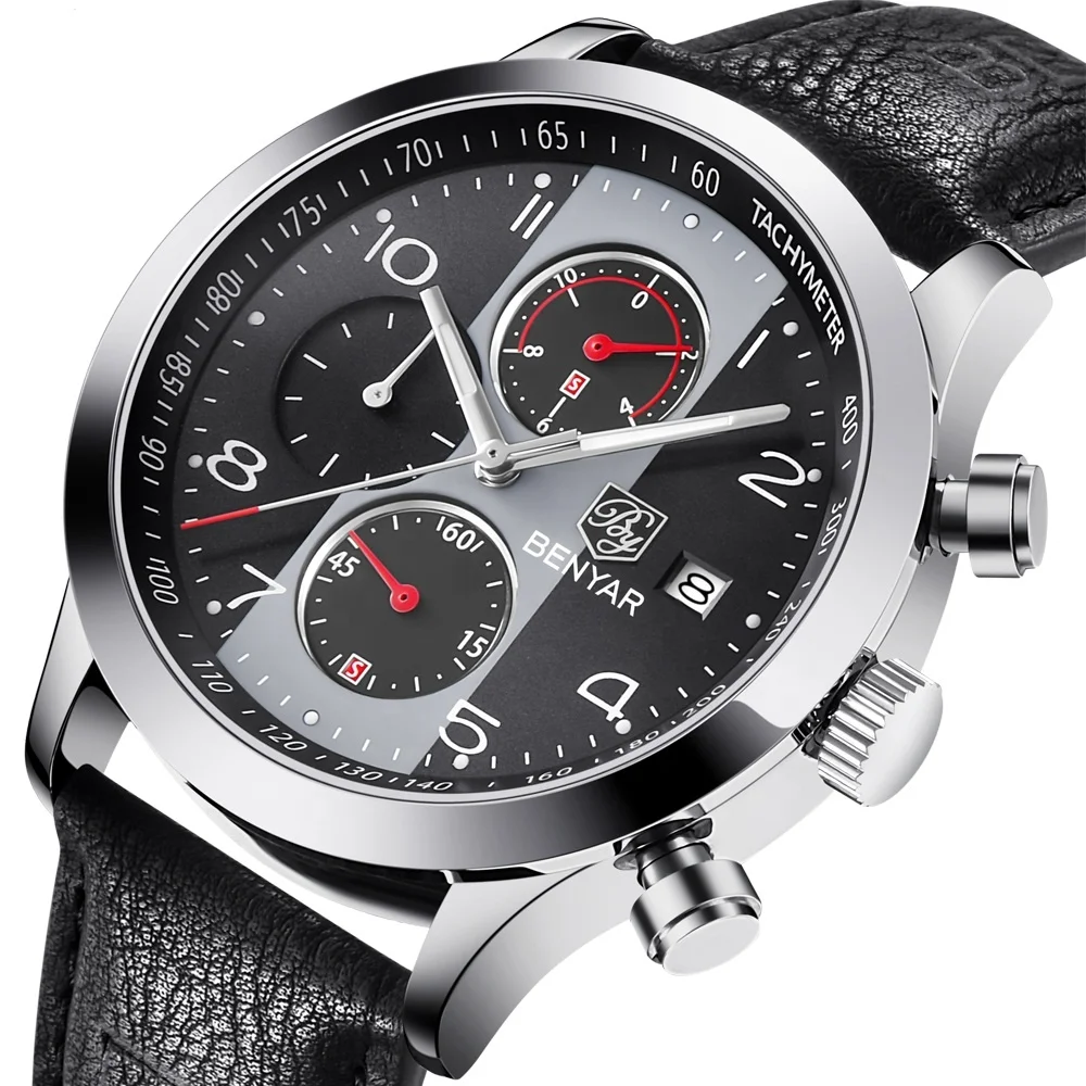 

BENYAR Luxury Brand Mens Watches Leather band Quartz Chronograph Sport Watch Outdoor Waterproof Black Wristwatch reloje hombre, According to reality