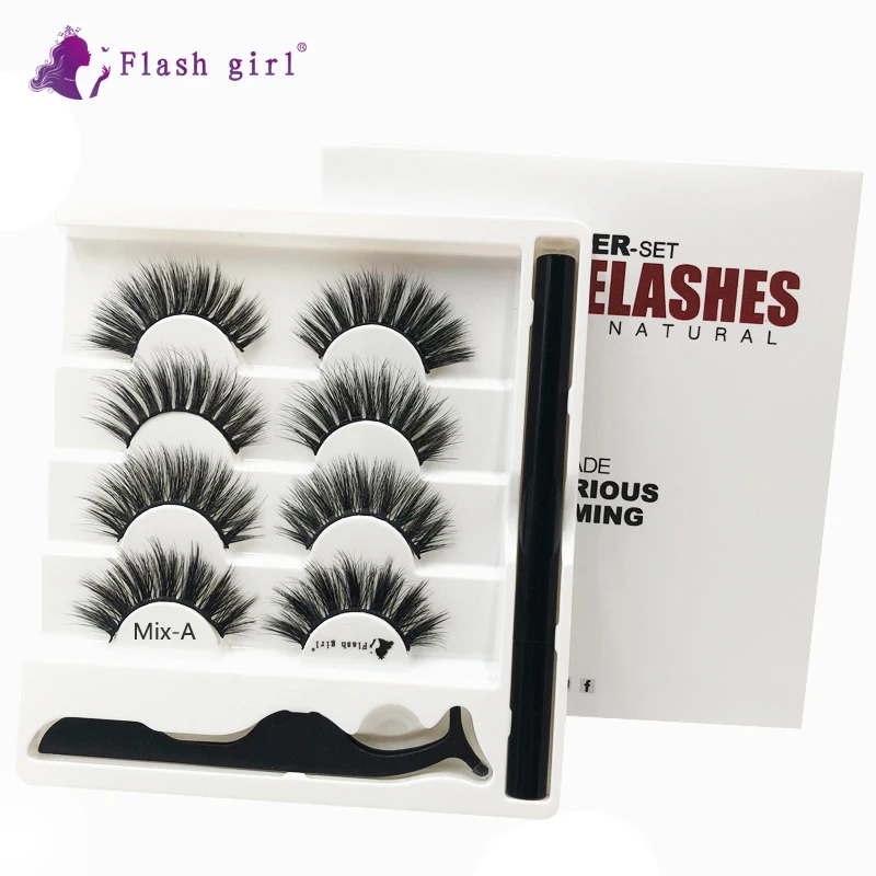 

Wholesale Flash girl Mix-A High-end beautiful 4 pairs 3D mink eyelashes Magic self-adhesive eyeliner eyelashes set with tweezers, Natural color