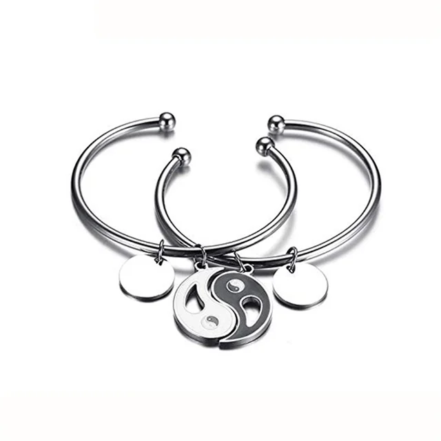 

2 pieces/set Stainless Steel Tai Chi Bagua Coin Charms Opening Cuff Bracelets Bangles for Couples, Silver