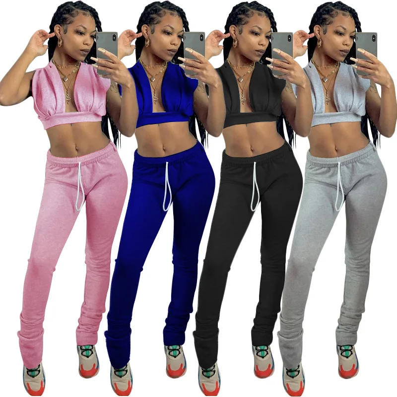 

FM-K9626 Sports casual solid color womens 2 piece outfit sexy V-neck women clothing two piece set 2020, As pictures