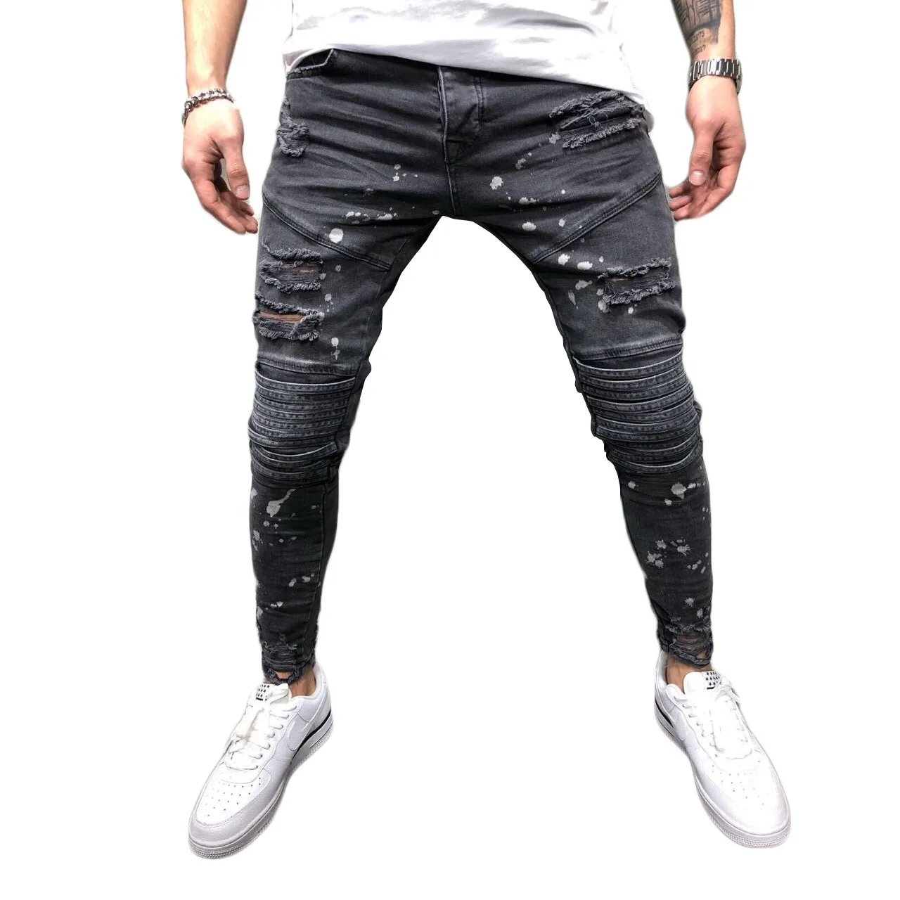 

Men's slim stretch pants ripped skinny distressed biker jeans