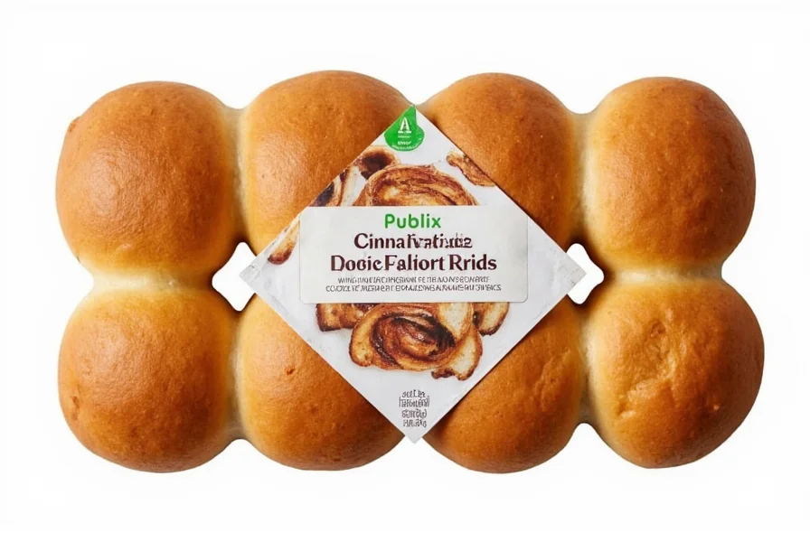 Publix cinnamon rolls package showing eight pre-portioned rolls with icing packet on white background