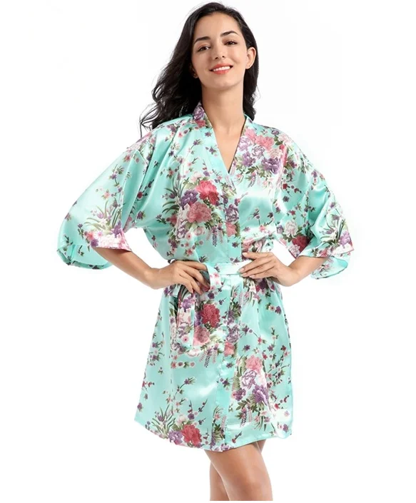 

Bride Bridesmaid Wedding Dressing Robe Lady Kimono Bath Gown Large Size Casual Sleepwear Floral Nightgown
