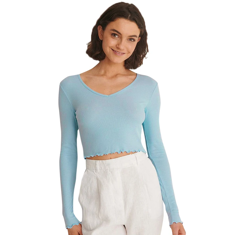 

fall winter S M L long sleeve v neck lotus edge women rib tops fashionable