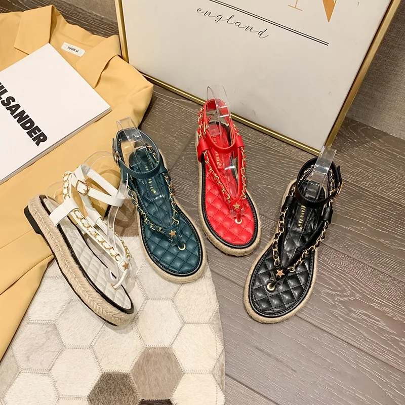 

High quality new flat sandals fashion chain platform women's shoes sandals, Blue,black,white,and nude