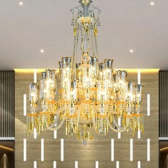 Factory price hotel lighting led pendant high ceiling contemporary crystal large big gold chandelier