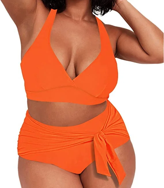 

Wholesale Swimwear Customize Logo Women Two Piece Suit Beachwear Plus Size Casual Fashion Sexy girls Swimsuit cut out style, Orange