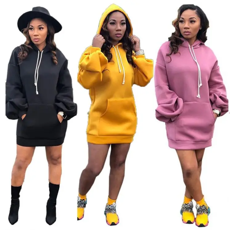 9S03069 new arrival autumn fashion lantern sleeve woman casual hooded solid dress