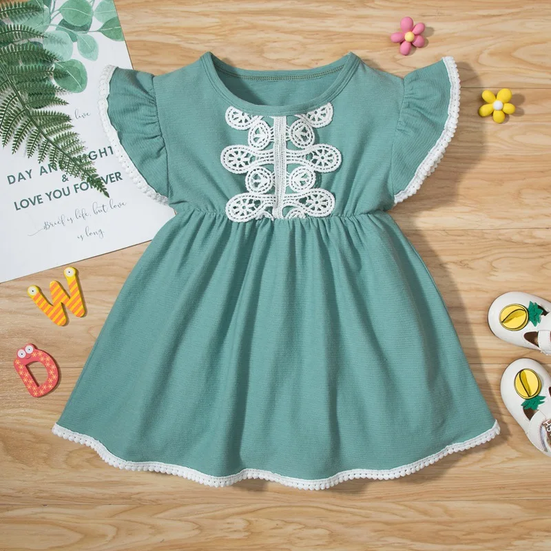 

New Children Cotton Dress Baby Girls Fly Sleeve Princess Dress Solid Color