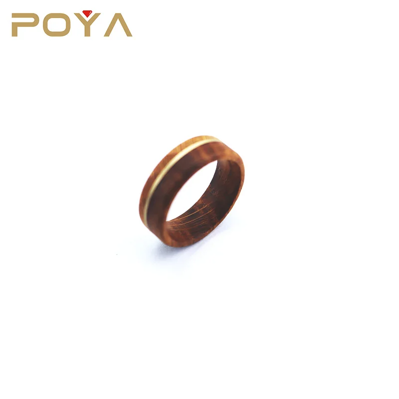 

POYA 8mm Jewelry 18K Gold Whiskey Barrel Wood Inlay Wedding Band Comfort Fit