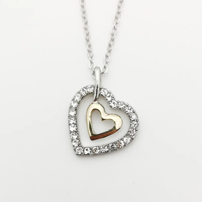 

Two-Tone Eternal Love Double Heart with Crystal On Edge Pendant Necklace for Women Cable Chain 18" and Extender