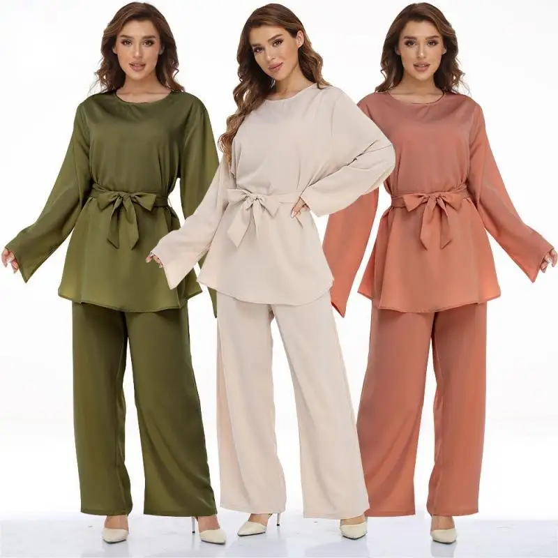 Wholesale Plus Size Long Abaya Women 2024 Dubai Muslim Islamic Two Piece Pants Set Ethnic Clothing Summer Multicolour Digital